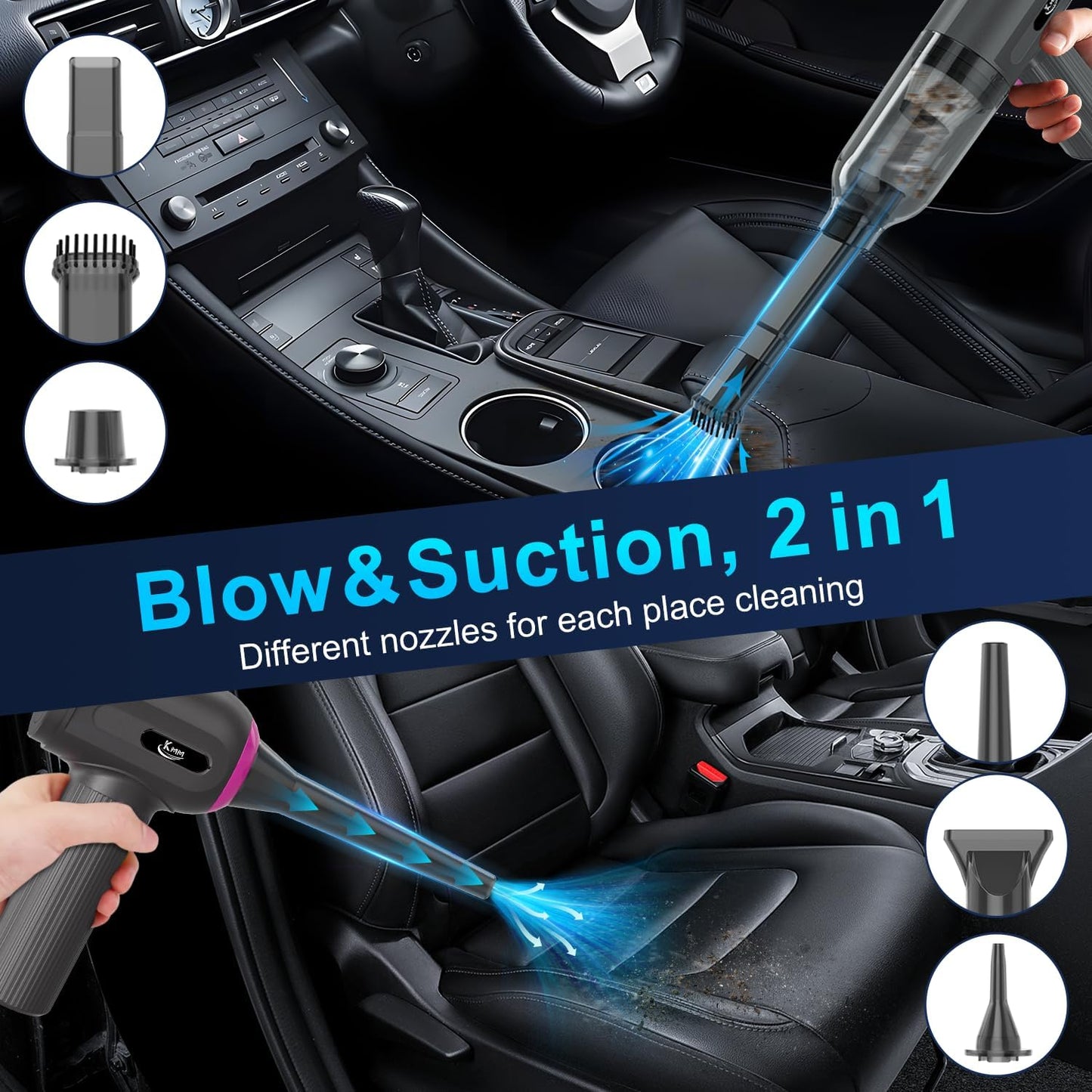KMM Handheld Car Vacuum Cleaner, 11000PA Vacuum Cleaner & Air Duster, 120W High Power Vacuum Portable Cordless, Hand Held Vacuum Rechargeable with Multi-Nozzles & LED Light for Home, Car, Office