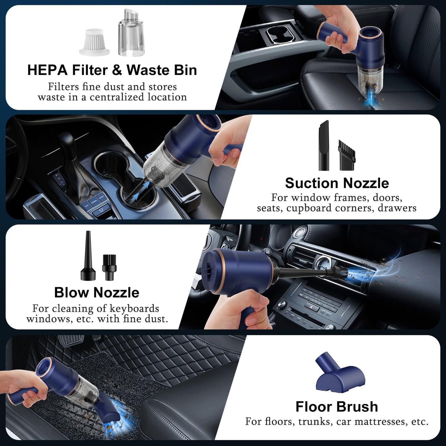 KMM Handheld Car Vacuum Cleaner, 11000PA Vacuum Cleaner & Air Duster, 120W High Power Vacuum Portable Cordless, Hand Held Vacuum Rechargeable with Multi-Nozzles & LED Light for Home, Car, Office