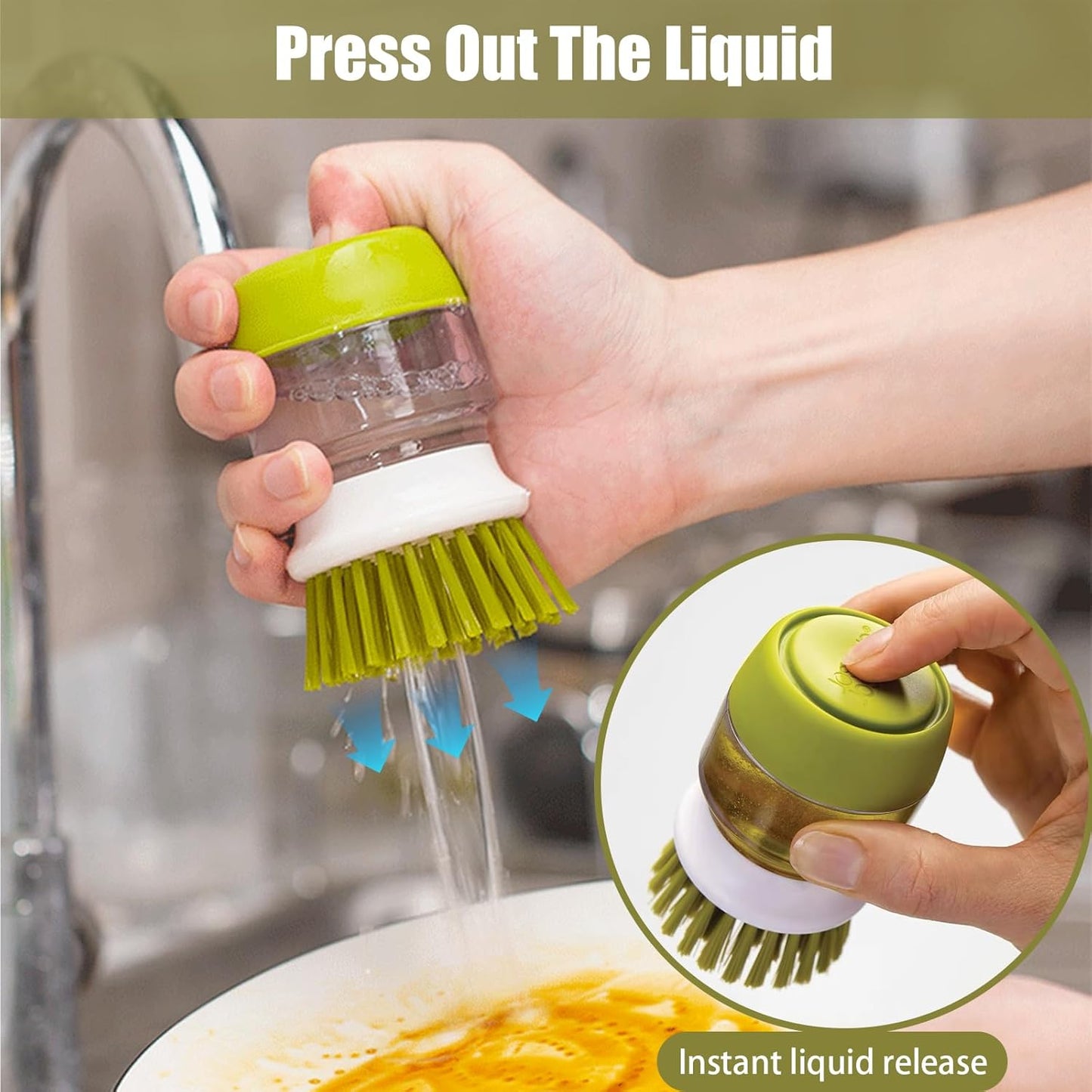 Soap Dispenser Dish Brush Palm Brush Scrub Brush Equipped with Storage Bracket and Drainage Base,Easy to Clean Kitchen Utensils and Sink, Includes a Replaceable Brush(Green)