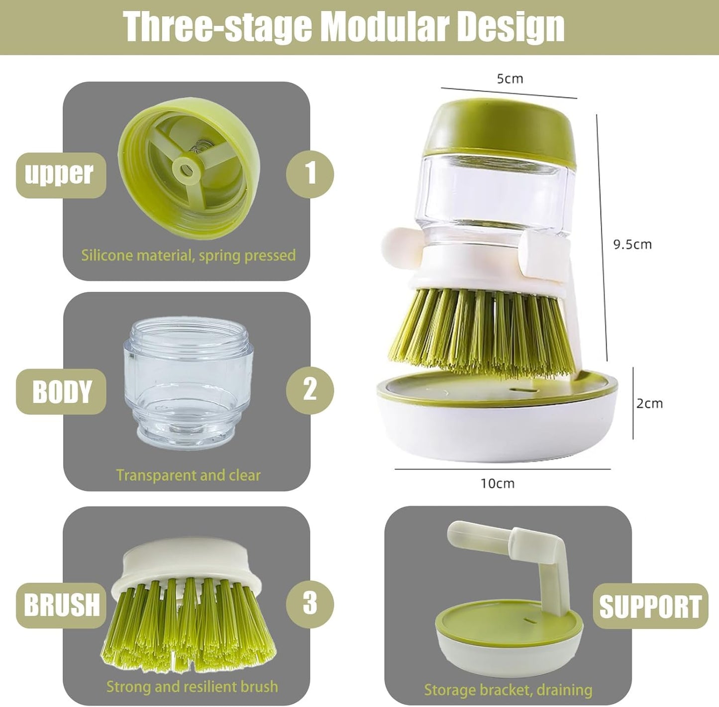 Soap Dispenser Dish Brush Palm Brush Scrub Brush Equipped with Storage Bracket and Drainage Base,Easy to Clean Kitchen Utensils and Sink, Includes a Replaceable Brush(Green)
