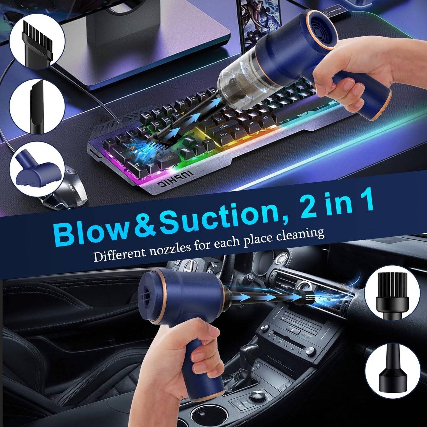 KMM Handheld Car Vacuum Cleaner, 11000PA Vacuum Cleaner & Air Duster, 120W High Power Vacuum Portable Cordless, Hand Held Vacuum Rechargeable with Multi-Nozzles & LED Light for Home, Car, Office