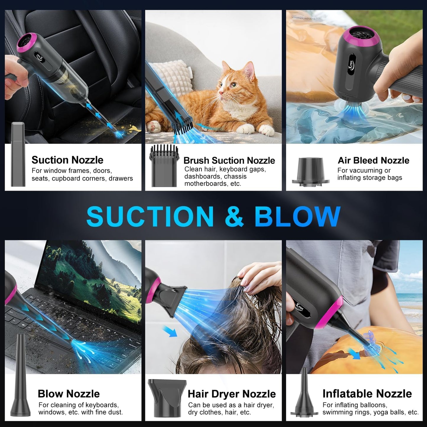 KMM Handheld Car Vacuum Cleaner, 11000PA Vacuum Cleaner & Air Duster, 120W High Power Vacuum Portable Cordless, Hand Held Vacuum Rechargeable with Multi-Nozzles & LED Light for Home, Car, Office