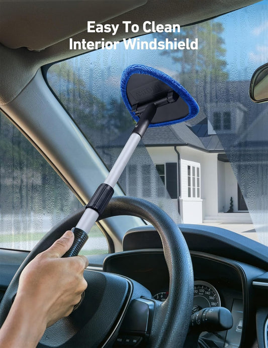 Windshield Cleaner Tool, Car Interior Detailing Cleaning Kit with Extendable Handle and 4 Reusable Microfiber Pads, Auto Glass Wiper Brush Kit for Cars, Blue,15.9in-21in