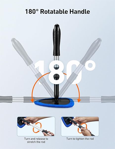 Windshield Cleaner Tool, Car Interior Detailing Cleaning Kit with Extendable Handle and 4 Reusable Microfiber Pads, Auto Glass Wiper Brush Kit for Cars, Blue，15.9in-21in