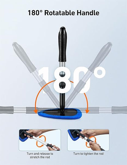 Windshield Cleaner Tool, Car Interior Detailing Cleaning Kit with Extendable Handle and 4 Reusable Microfiber Pads, Auto Glass Wiper Brush Kit for Cars, Blue，15.9in-21in