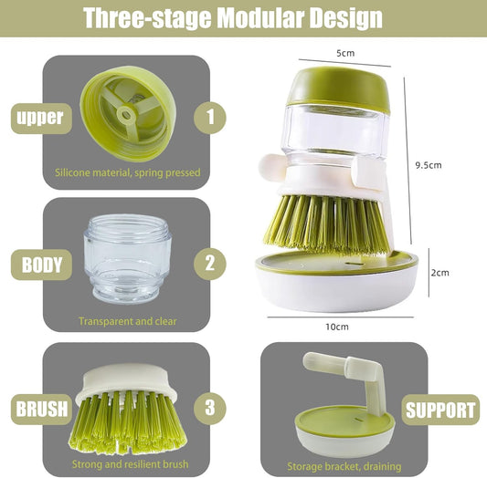Soap Dispenser Dish Brush Palm Brush Scrub Brush Equipped with Storage Bracket and Drainage Base,Easy to Clean Kitchen Utensils and Sink, Includes a Replaceable Brush（Green）