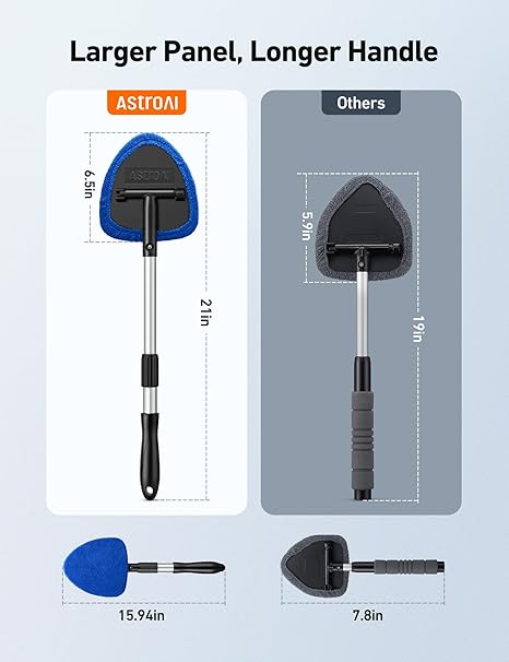Windshield Cleaner Tool, Car Interior Detailing Cleaning Kit with Extendable Handle and 4 Reusable Microfiber Pads, Auto Glass Wiper Brush Kit for Cars, Blue，15.9in-21in