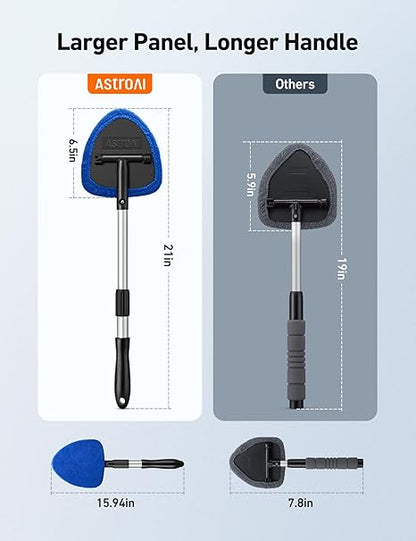 Windshield Cleaner Tool, Car Interior Detailing Cleaning Kit with Extendable Handle and 4 Reusable Microfiber Pads, Auto Glass Wiper Brush Kit for Cars, Blue，15.9in-21in