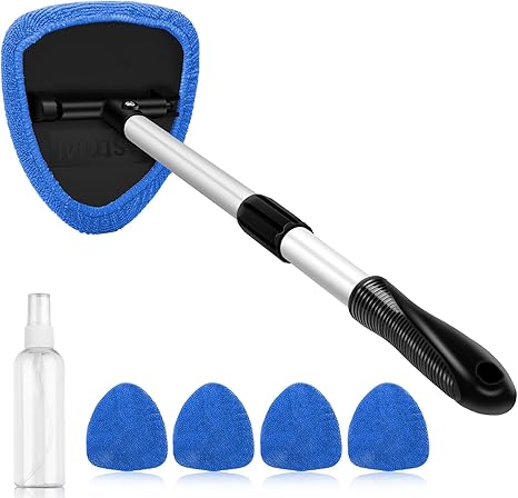 Windshield Cleaner Tool, Car Interior Detailing Cleaning Kit with Extendable Handle and 4 Reusable Microfiber Pads, Auto Glass Wiper Brush Kit for Cars, Blue，15.9in-21in
