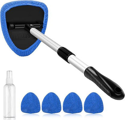 Windshield Cleaner Tool, Car Interior Detailing Cleaning Kit with Extendable Handle and 4 Reusable Microfiber Pads, Auto Glass Wiper Brush Kit for Cars, Blue，15.9in-21in