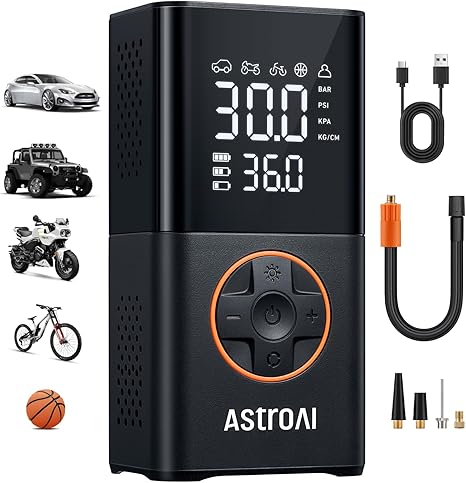 AstroAI L7 Tire Inflator Portable Air Compressor Cordless Mini Bike Pump with Digital Dual Values Display, 150 PSI Car Tires Air Pump with LED Lights&Pressure Gauge for Auto, Motorcycles, Bikes, Balls