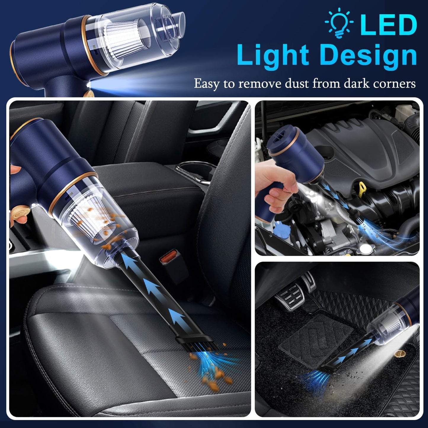 KMM Handheld Car Vacuum Cleaner, 11000PA Vacuum Cleaner & Air Duster, 120W High Power Vacuum Portable Cordless, Hand Held Vacuum Rechargeable with Multi-Nozzles & LED Light for Home, Car, Office