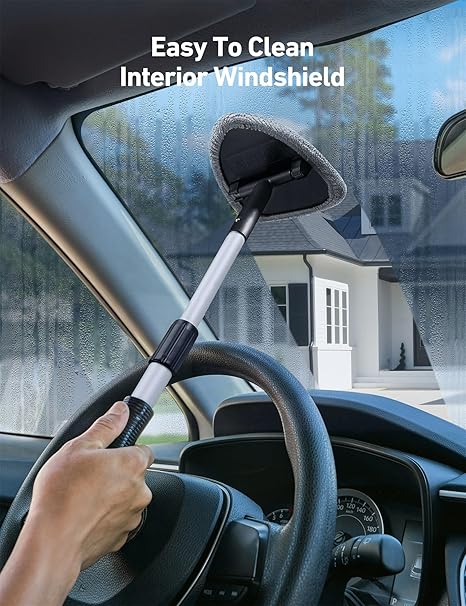 Windshield Cleaner Tool, Car Interior Detailing Cleaning Kit with Extendable Handle and 4 Reusable Microfiber Pads, Auto Glass Wiper Brush Kit for Cars, Blue，15.9in-21in