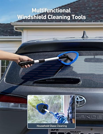 Windshield Cleaner Tool, Car Interior Detailing Cleaning Kit with Extendable Handle and 4 Reusable Microfiber Pads, Auto Glass Wiper Brush Kit for Cars, Blue，15.9in-21in