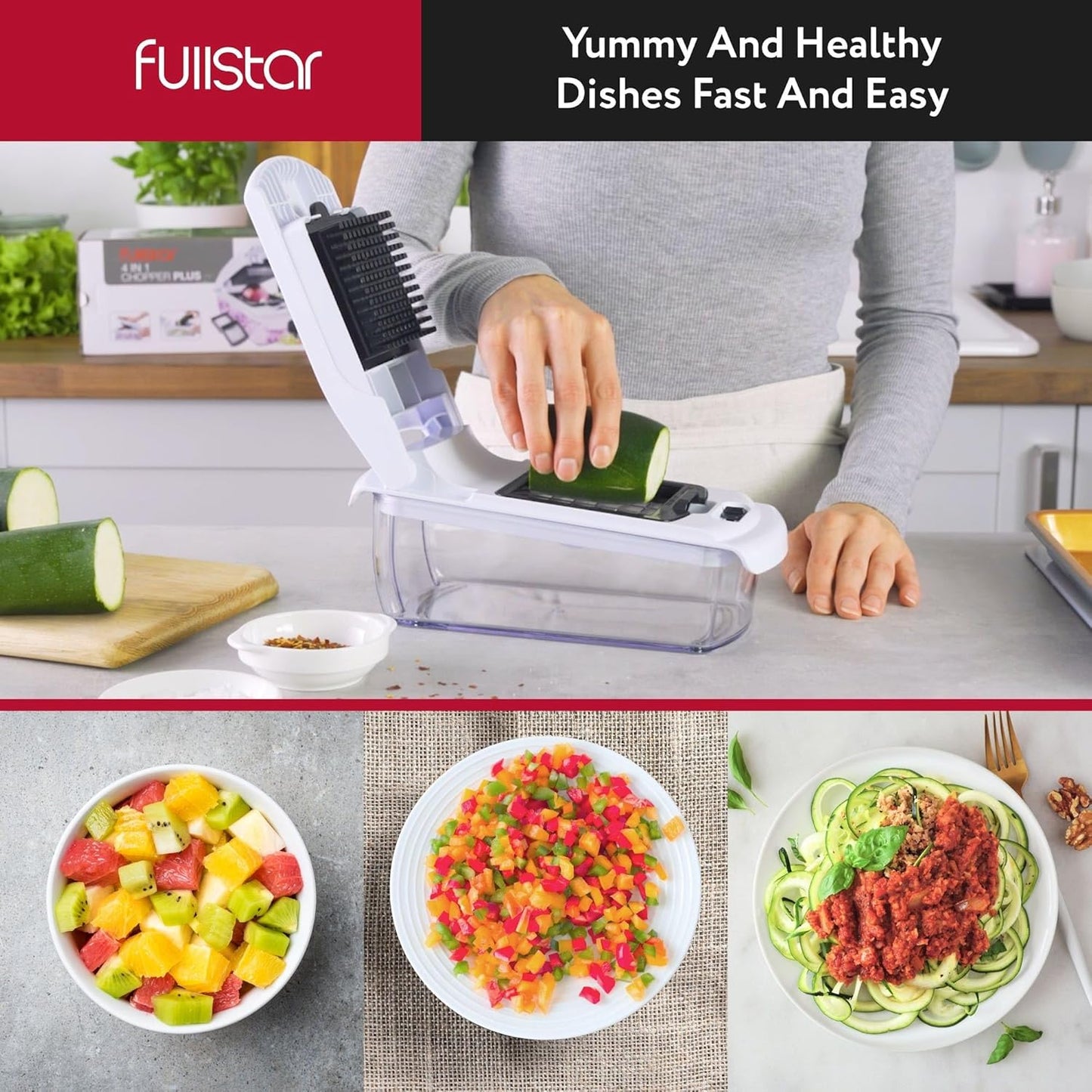 Fullstar The Original Pro Chopper - Vegetable Chopper and Spiralizer, Food Chopper with Container, Fruit Slicer, Kitchen Gadgets & Accessories, Home Essentials (All in 1, White)