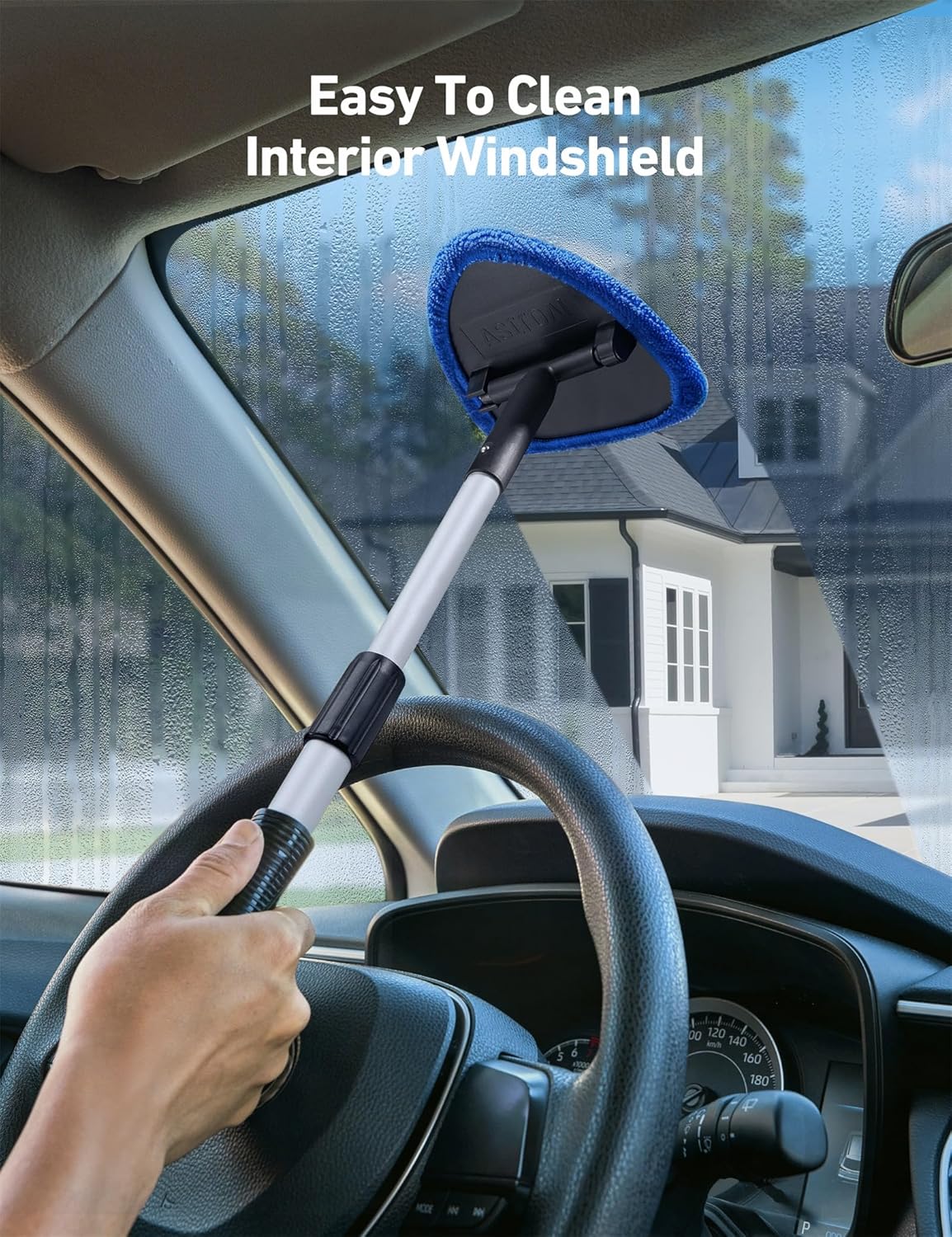 Windshield Cleaner Tool, Car Interior Detailing Cleaning Kit with Extendable Handle and 4 Reusable Microfiber Pads, Auto Glass Wiper Brush Kit for Cars, Blue，15.9in-21in