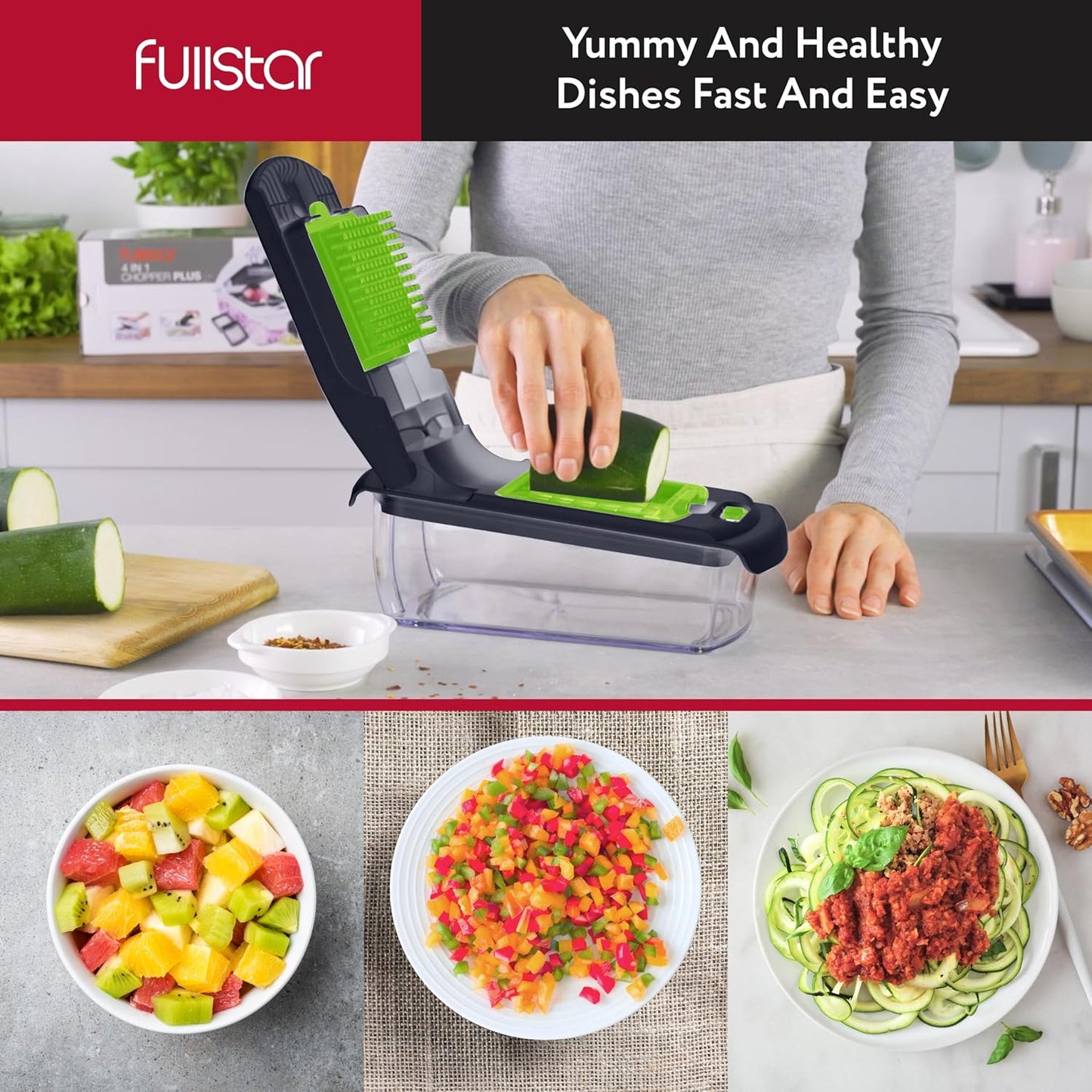 Fullstar The Original Pro Chopper - Vegetable Chopper and Spiralizer, Food Chopper with Container, Fruit Slicer, Kitchen Gadgets & Accessories, Home Essentials (All in 1, White)
