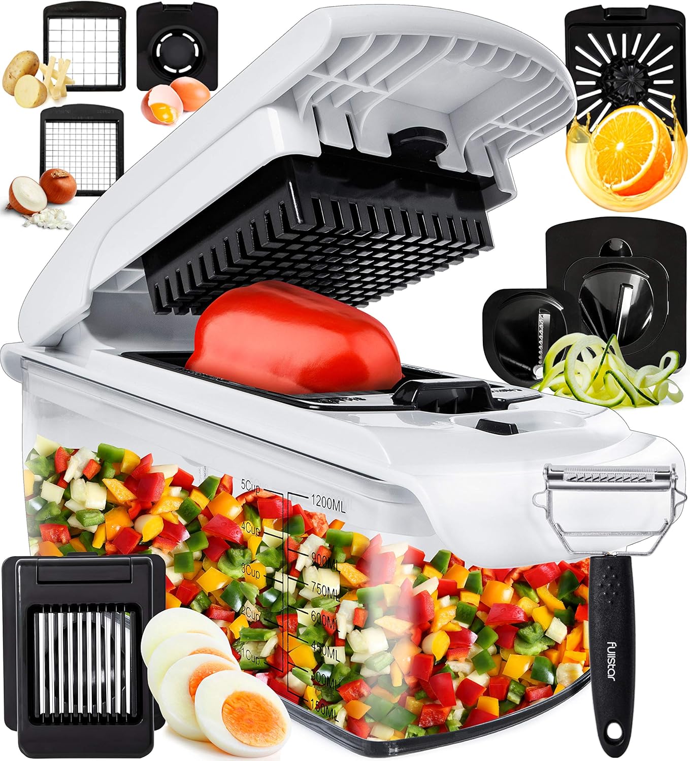 Fullstar The Original Pro Chopper - Vegetable Chopper and Spiralizer, Food Chopper with Container, Fruit Slicer, Kitchen Gadgets & Accessories, Home Essentials (All in 1, White)